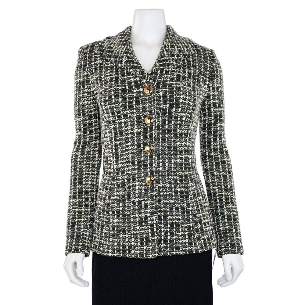 St. John Knits 4-Button Jacket in Army Green/Cream Multi sz 2